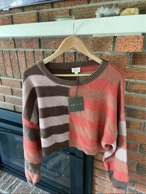 LE LIS Cropped Striped Sweater in Coral, Brown & Cream